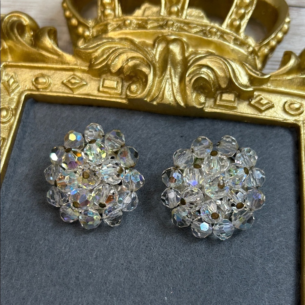 Vintage Crystal AB Cluster Clip On Earrings